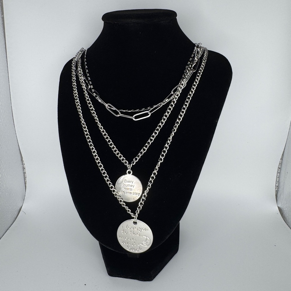Silver Multi-Layer Pendant Necklace - Inspirational Disc Charms
